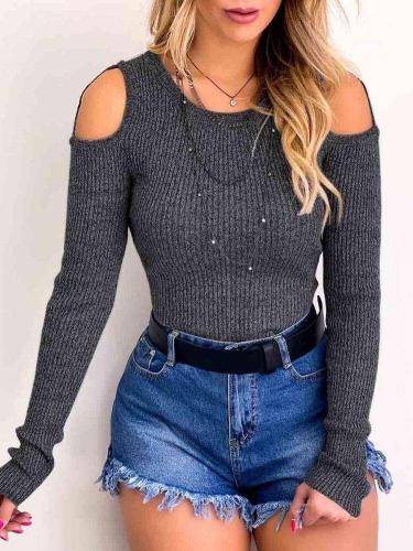 Pure Round neck Off shoulder Long sleeve Tee Sweaters