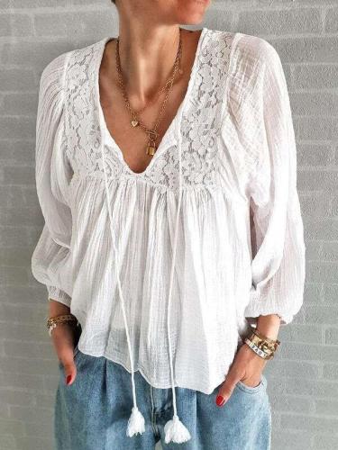 Fashion Casual Pure V neck Long sleeve Gored Lace Blouses