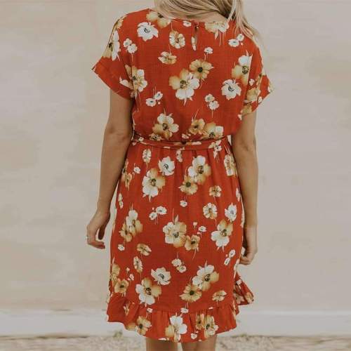 Casual Print Round neck Short sleeve Lacing Skater Dresses