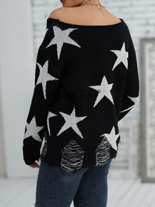 Women star printed off shoulder long sleeve knit sweaters