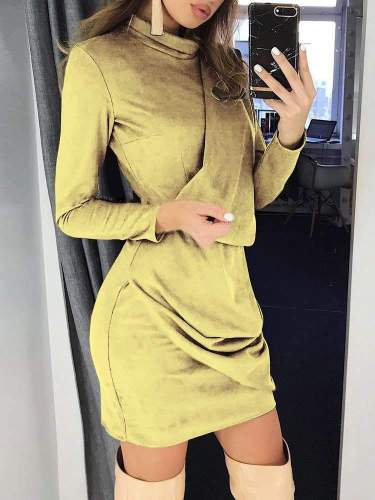 Pure Long sleeve Tee High collar Suede Bodycon Dresses