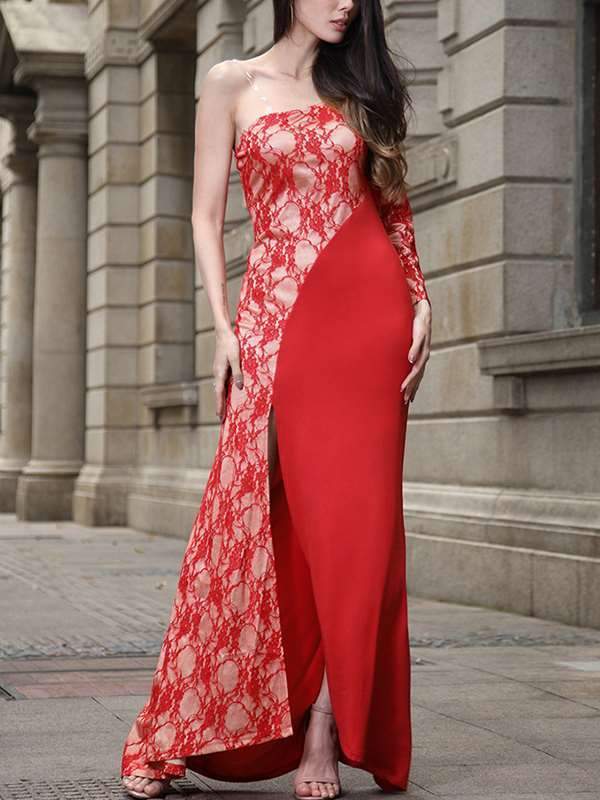 Sexy Lace Slit One Off Shoulder Evening Dress