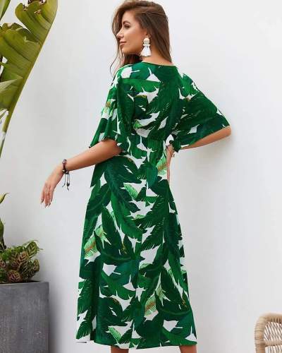 Fashion Print V neck Lacing Maxi Dresses