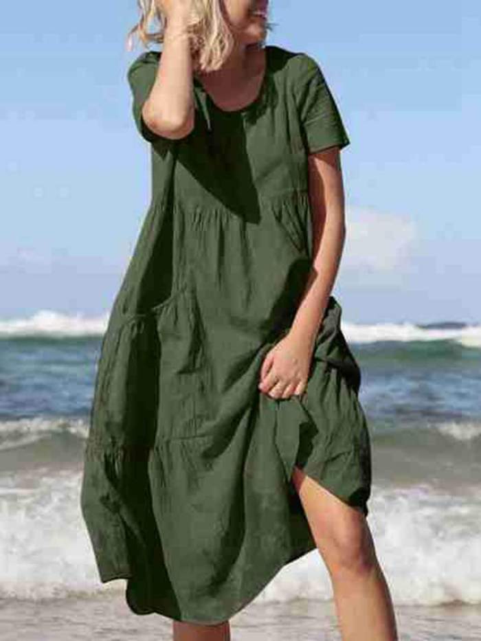 Casual Loose Pure Round neck Short sleeve Pocket Maxi Dresses