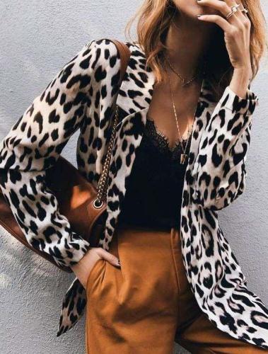 Fashion Loose Leopard print Long sleeve Lapel Blazer