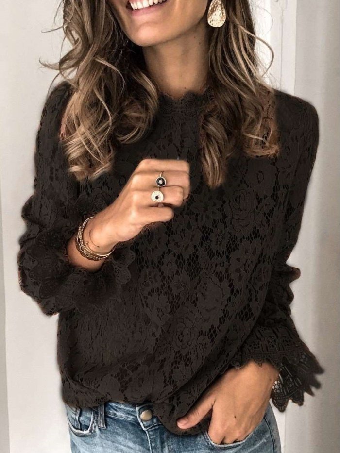 Fashion Lace Hollow out Stand collar Long sleeve Blouses