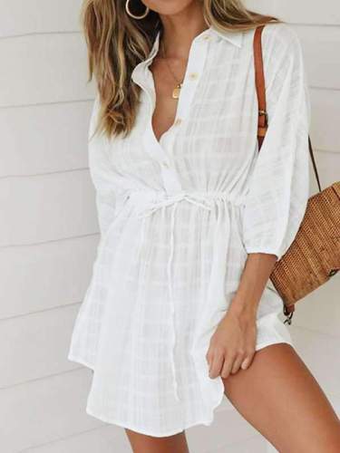 Fashion white turn down neck tie waist Loose shirt vacation dresses