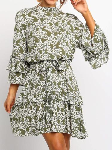 Floral printed high-waisted chiffon women vacation dresses