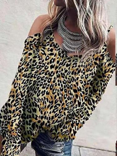 Fashion Leopard print Off shoulder Vest Long sleeve T-Shirts