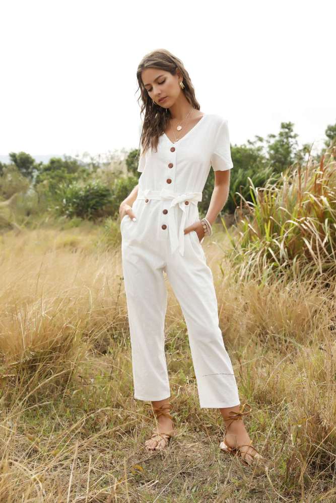 Fashion Pure V neck Single-breasted Lacing Jumpsuits