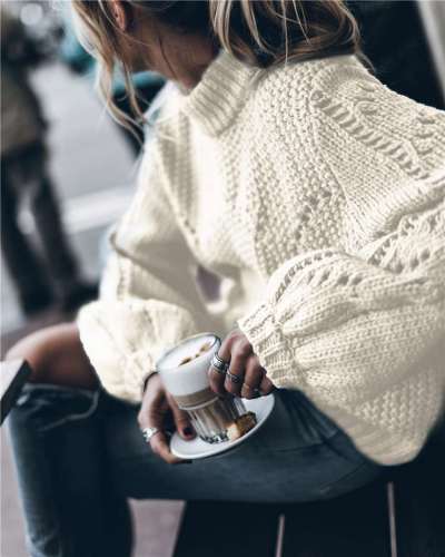 Casual Pure Round neck Puff sleeve Knit Sweaters