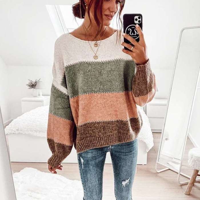 Casual Stripe Round neck Long sleeve Sweaters