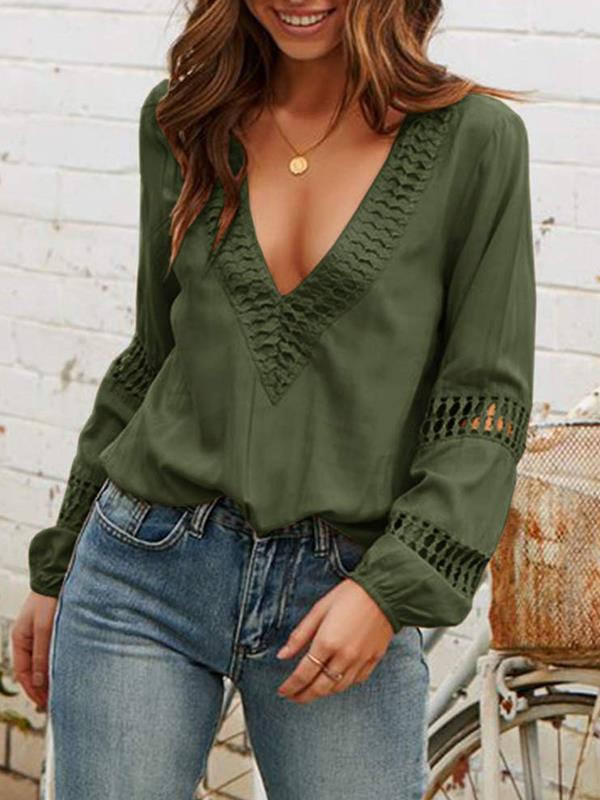 Lace deep V collar long sleeve casual Blouses
