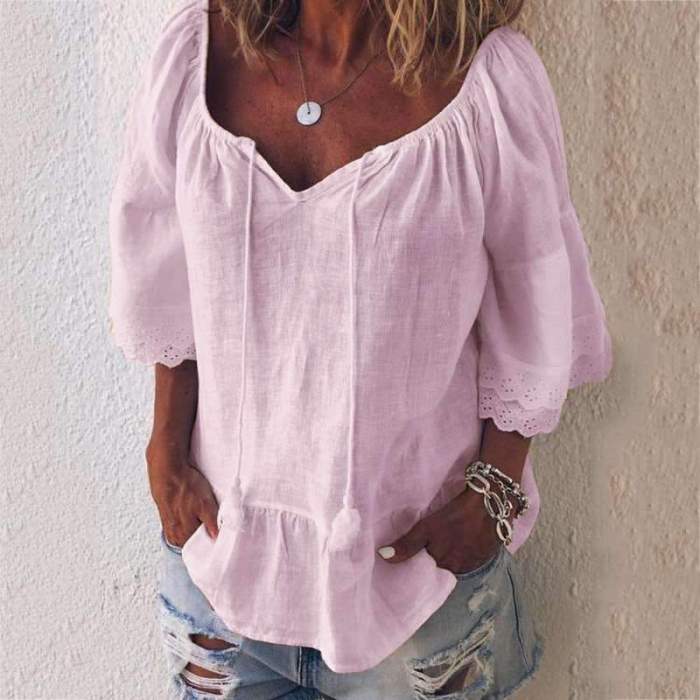 Casual Loose Pure V neck Gored Half sleeve Blouses