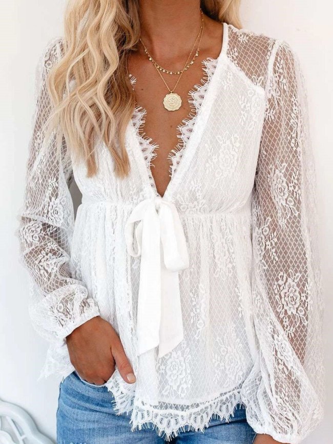 Casual Sexy Lace V neck Long sleeve Lacing T-Shirts