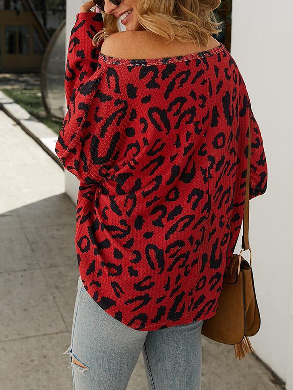 Long sleeve leopard printed one off shoulder  top T-shirts