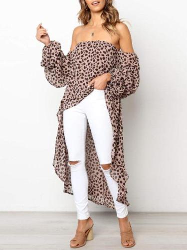 Sexy Strapless Long Sleeve Leopard Printed Asymmetrical Hem Blouses