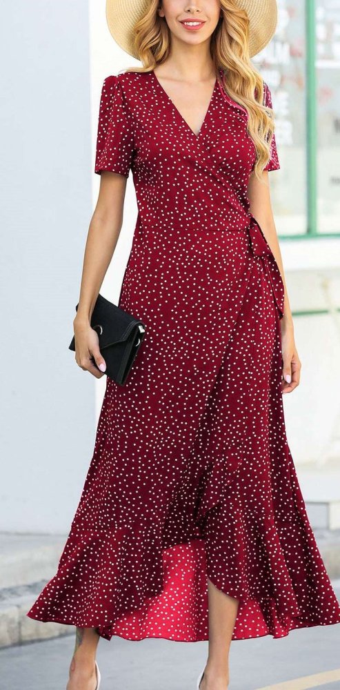 Fashion V neck Short sleeve Print Irregular  Falbala Maxi Dresses
