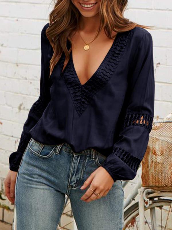 Lace deep V collar long sleeve casual Blouses