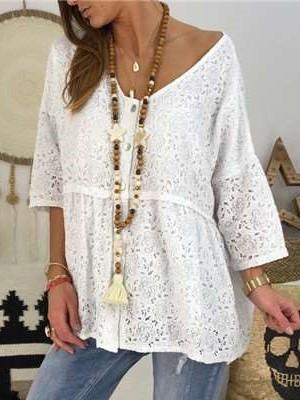 Casual Loose Pure Lace Hollow out Long sleeve T-Shirts