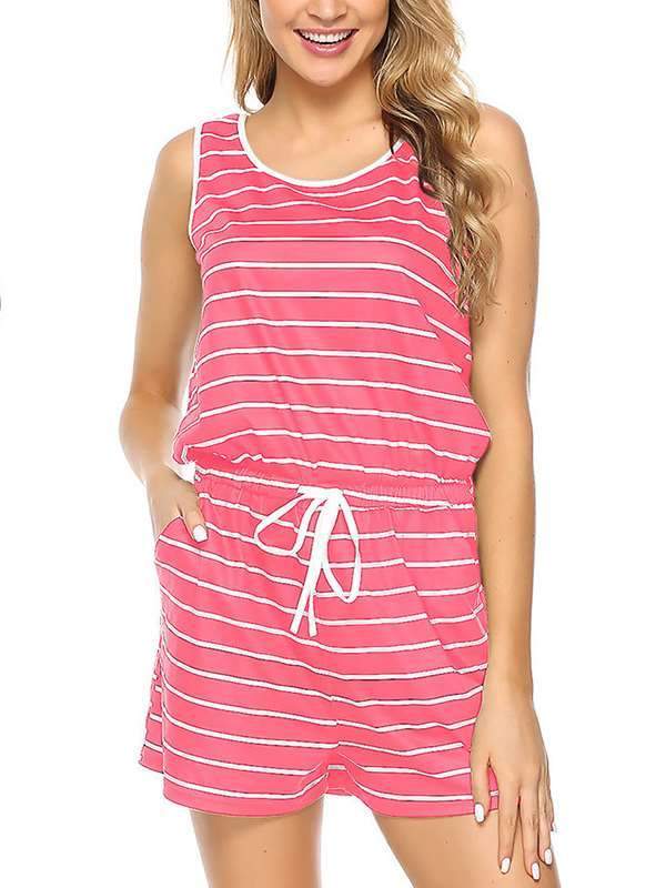 Casual Striped sleeveless drawstring jumpsuit