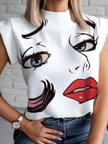 Fashion Print Stand collar Short sleeve Blouses