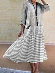 Casual Gored Stripe Round neck Long sleeve Pocket Maxi Dresses