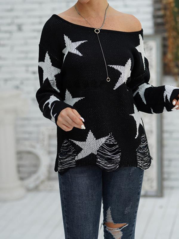 Women star printed off shoulder long sleeve knit sweaters