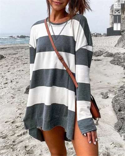 Fashion Casual Stripe Round neck Long sleeve Vent Long Sweatshirts