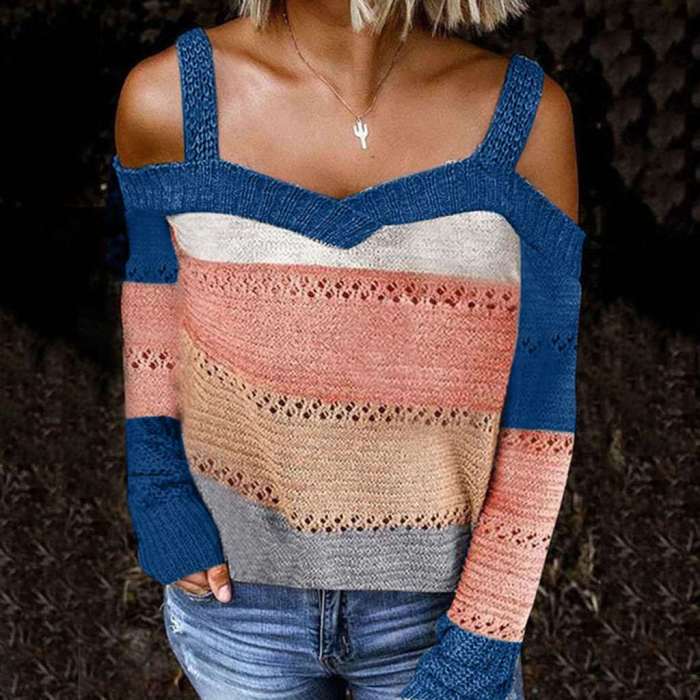Fashion Stripe print Off shoulder Long sleeve Knit Sweaters