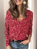 Fashionable printed lace patchwork v neck long sleeve blouses