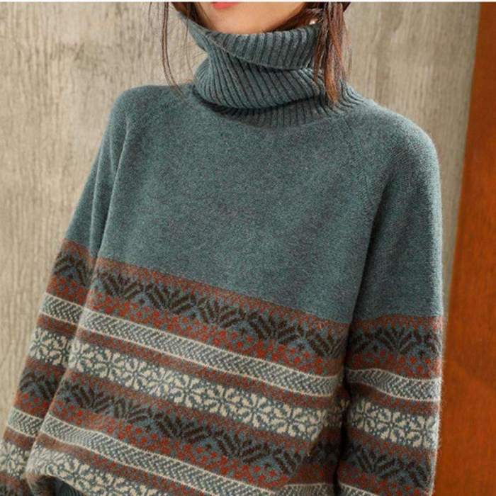 Fashion Stripe print High collar Long sleeve Sweaters