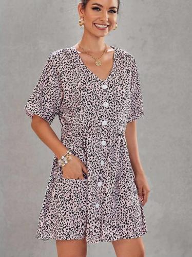 Loose Leopard print V neck Half sleeve Shift Dresses