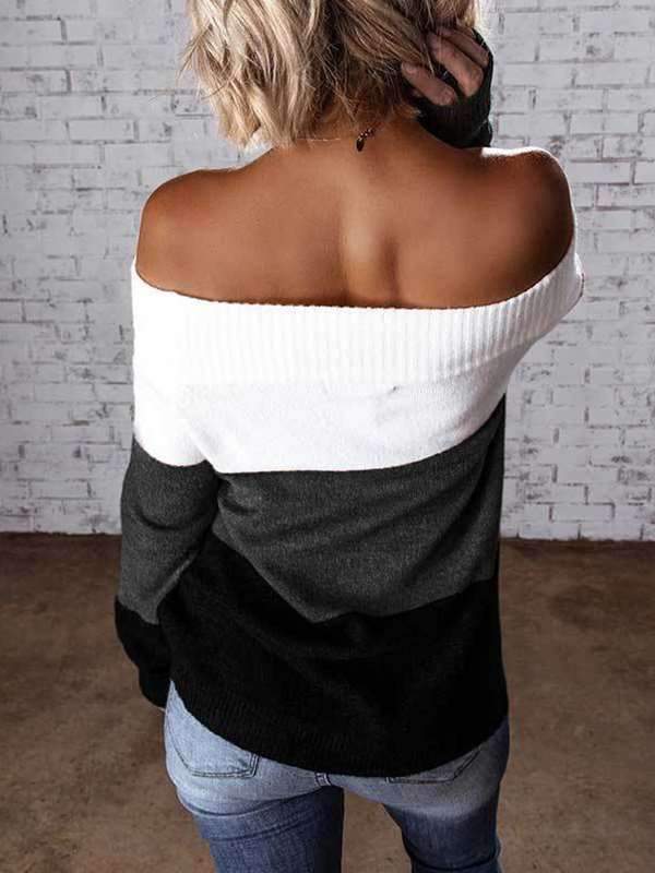 Fashion Gored Stripe Long sleeve One shoulder Sweaters