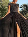 Elegant Chiffon Black Big Hem Evening Dresses