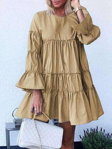 Fashion Casual Loose Pure Gored Round neck Long sleeve Shift Dresses