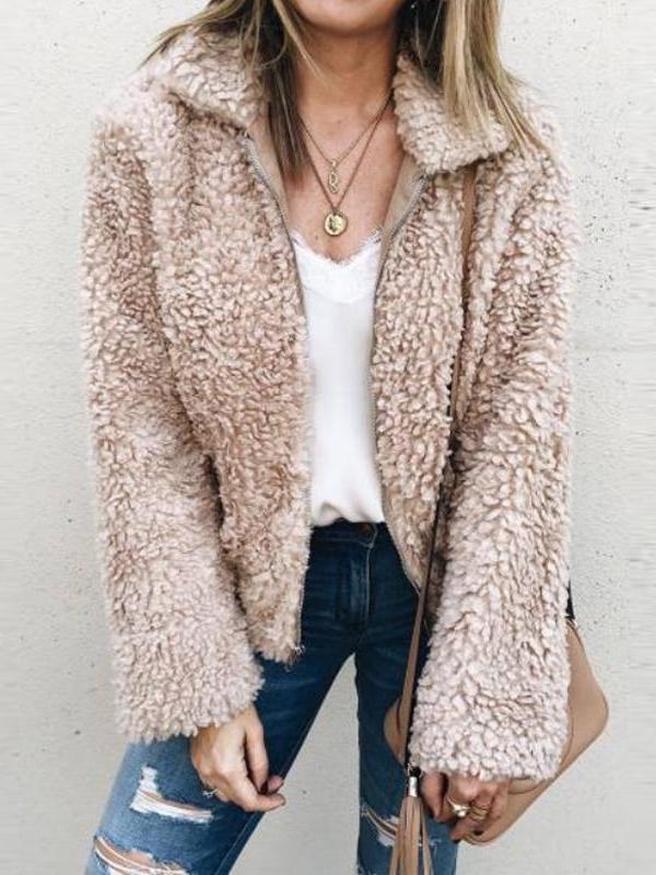 Stylish Lapel Fur Long Sleeve Coat