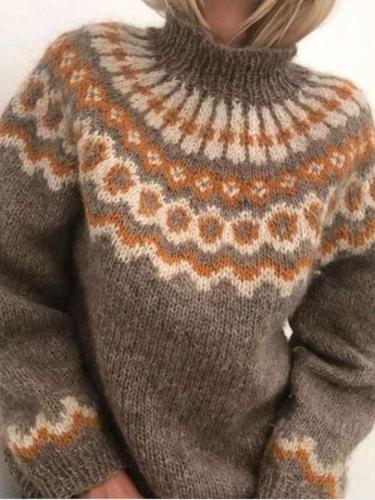 Fashion Print High collar Long sleeve Knit Sweaters