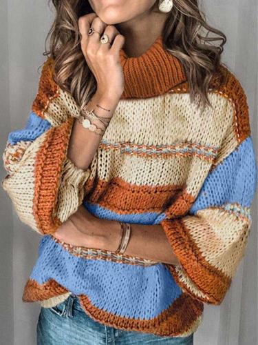Fashion Casual Stripe High collar Long sleeve Knit Sweaters