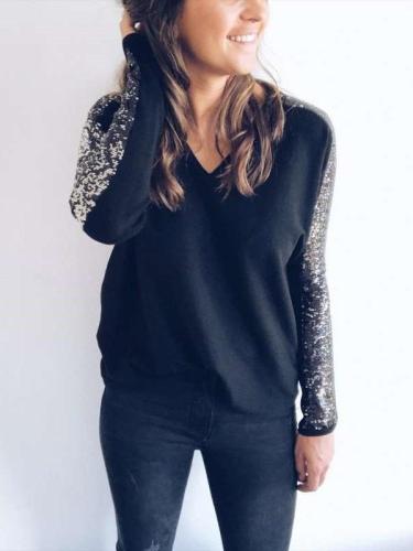 Sexy V neck  Paillette Gored Long sleeve T-Shirts