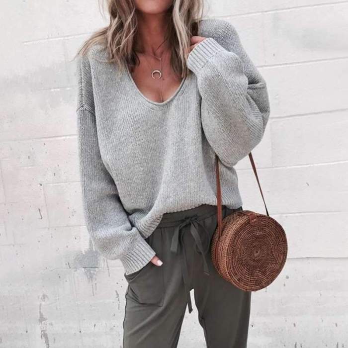 Fashion Casual Pure V neck Long sleeve Sweaters