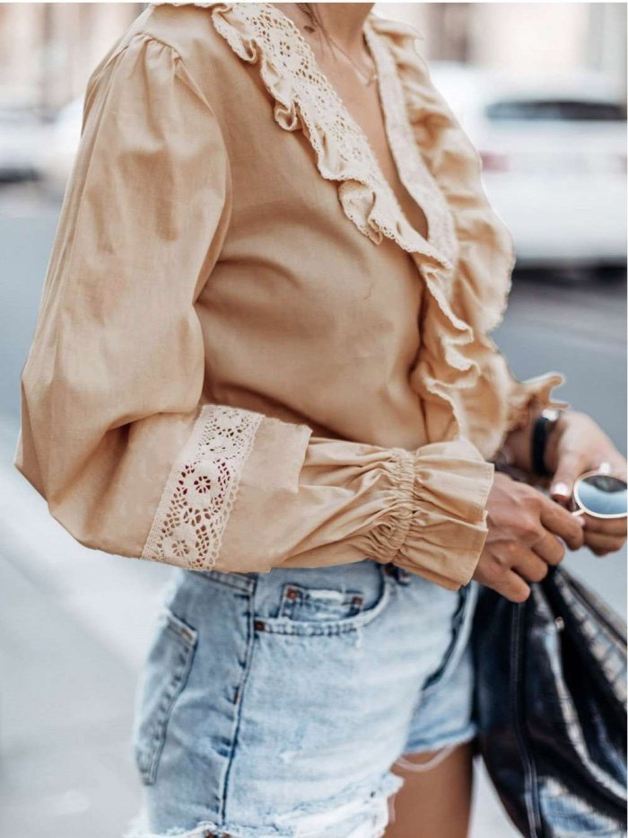 Sexy V neck Lace Long sleeve Blouses