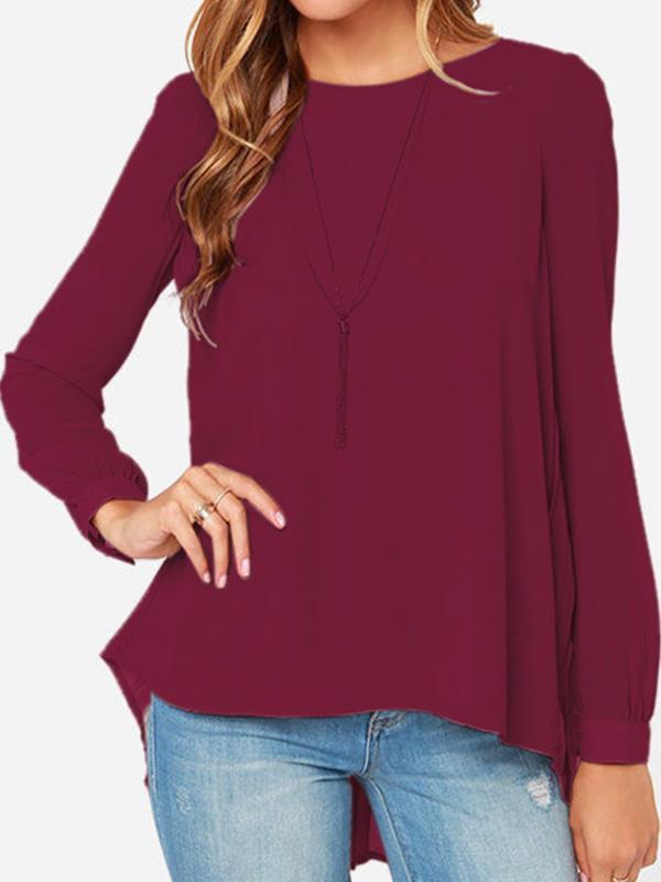 Solid color round collar loose long sleeve chiffon T-shirts