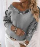 Fashion Gored Paillette V neck Long sleeve Knit Sweaters