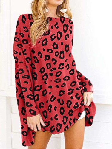 Leopard print Long sleeve Round neck Knit Shift Dresses