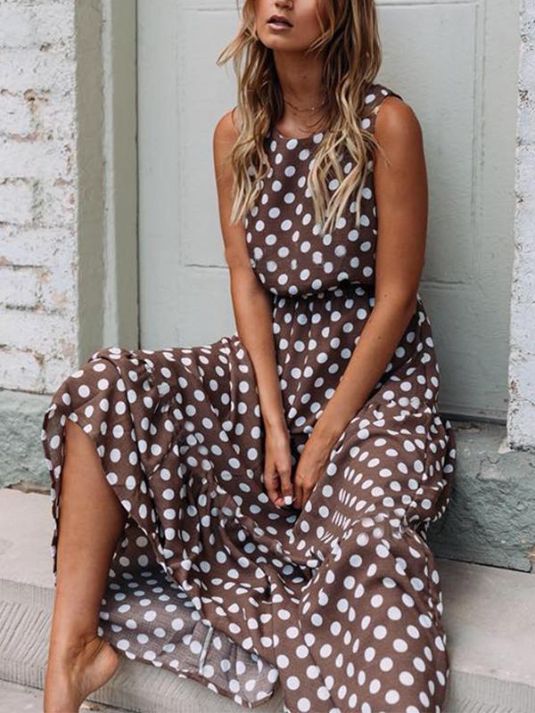 Fashion Sleeve less Woman Pot Printed Coffee Maxi Dresses