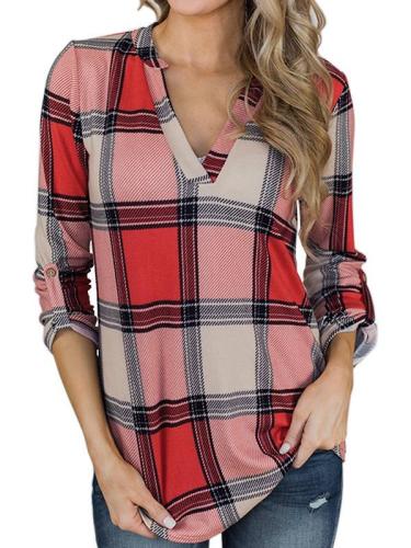 V neck women grid basic long sleeve blouses