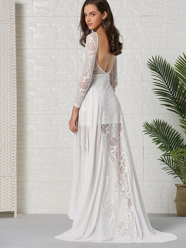 Elegant Lace White Wome Long Sleeve Backless Evening Dresses