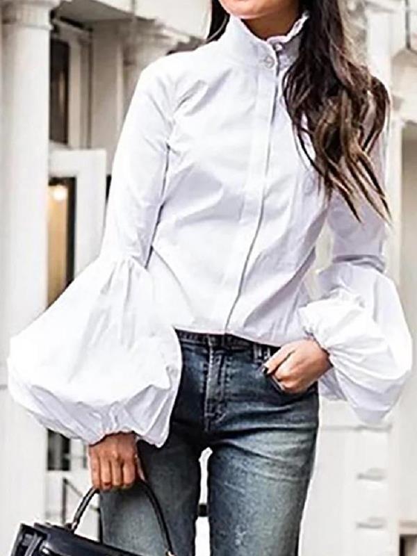 Women casual plain high neck long sleeve blouses