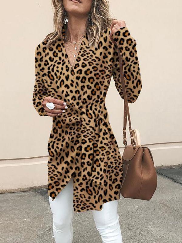 Fashionable V-Neck With Long-Sleeved Leopard Print Outerwear